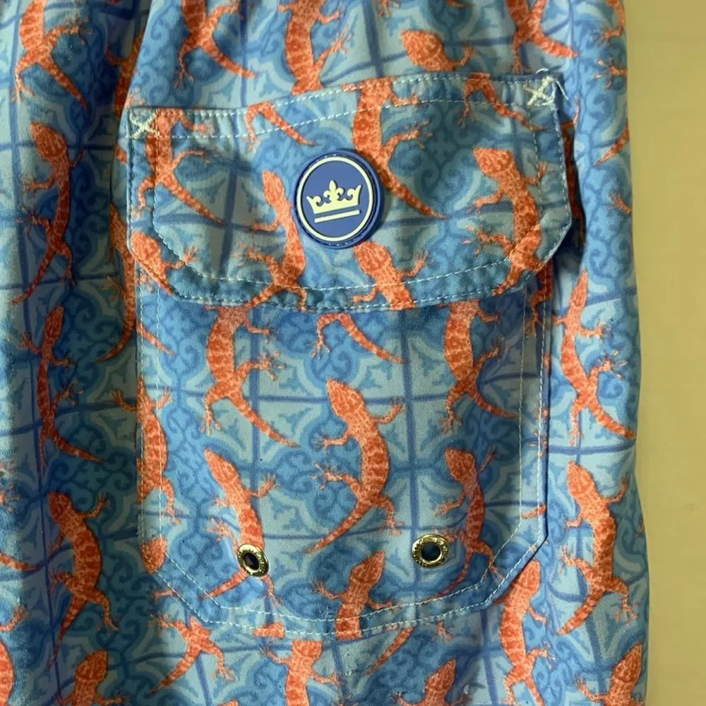 Peter Millar Men's Blue Orange All-Over Lizard Print Swim Shorts Size XL